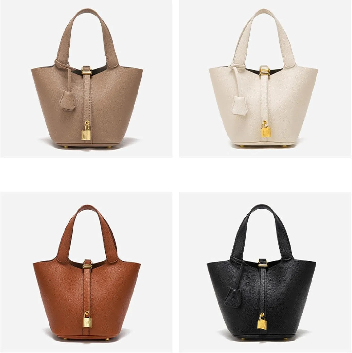 Genuine leather bucket bag, solid color handbag, high-end exquisite versatile handbag