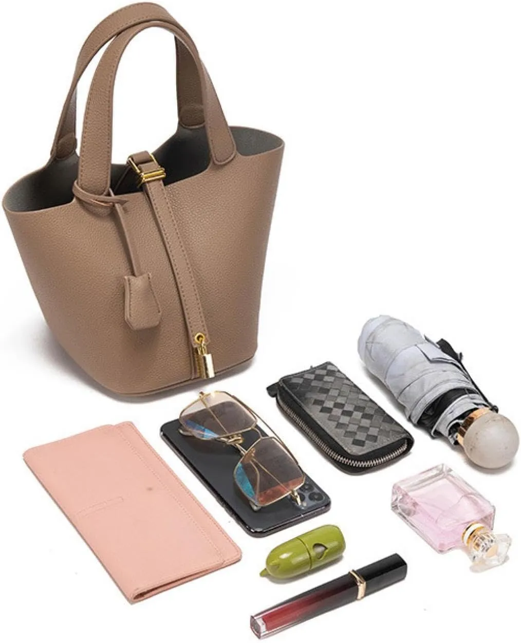 Genuine leather bucket bag, solid color handbag, high-end exquisite versatile handbag