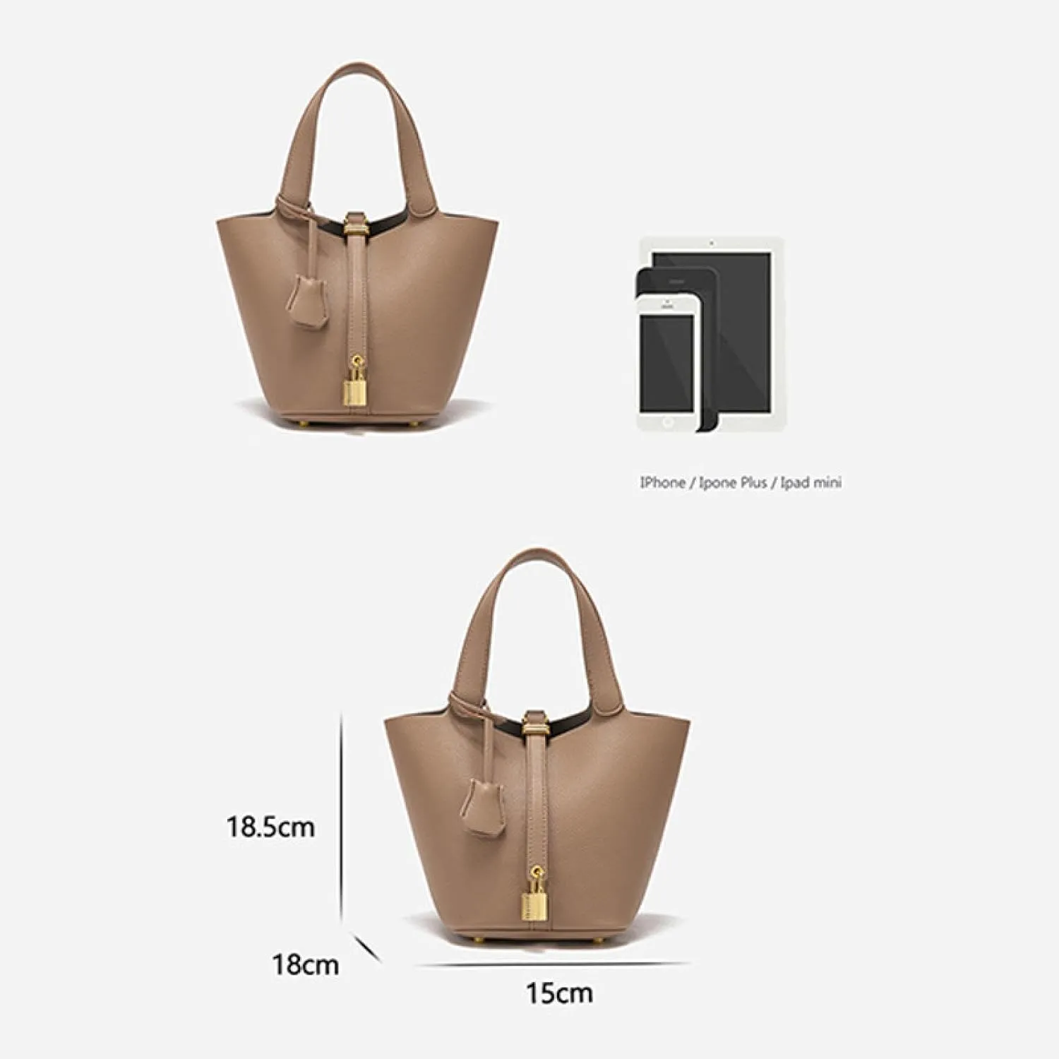 Genuine leather bucket bag, solid color handbag, high-end exquisite versatile handbag