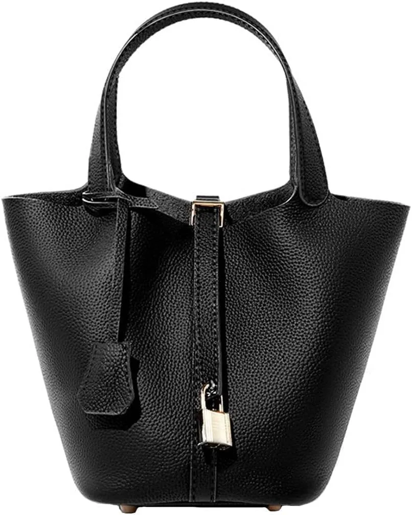 Genuine Leather Lock Design Bucket Bag Vegetable Basket Fashionable And Versatile Single Shoulder Handbag