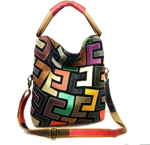 Geometric Patchwork Leather Hobo Bag, Multicolor Shoulder Purse with Adjustable Strap, 13.78 x 12.2 x 3.94 inches