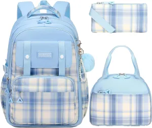 Girls Backpack with Lunch Box, Kindergarten Elementary Middle School Backpack, Large Capacity Kids Bookbag 3 Pcs Set (blue)