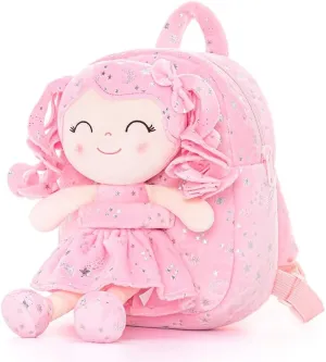 Gloveleya Girls Toddler Backpack - Baby Girl Gift Plush Bag, Diaper Bag, Glitter Pink Dress Curly Hair Doll 9 Inches - Starry Sky Edition