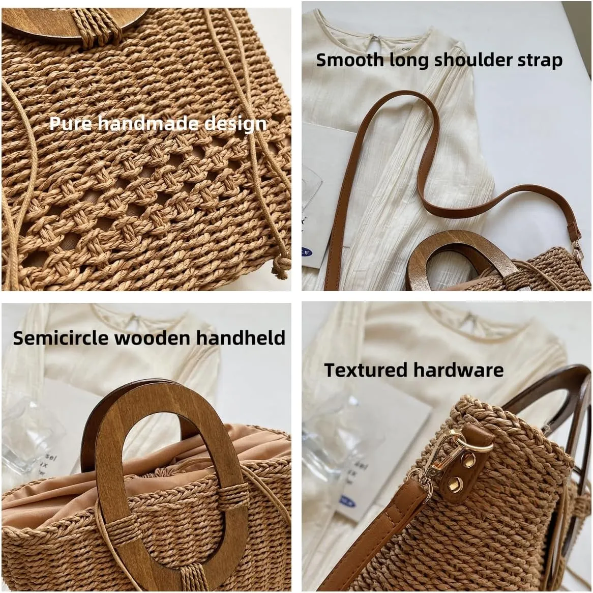 Hand-woven Straw Shoulder Crossbody Bag Bucket Bag Wooden Top Handle Clutch Versatile Chic Beach Vacation Hollow Casual