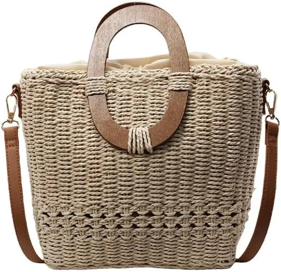 Hand-woven Straw Shoulder Crossbody Bag Bucket Bag Wooden Top Handle Clutch Versatile Chic Beach Vacation Hollow Casual