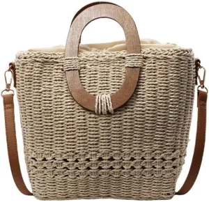 Hand-woven Straw Shoulder Crossbody Bag Bucket Bag Wooden Top Handle Clutch Versatile Chic Beach Vacation Hollow Casual