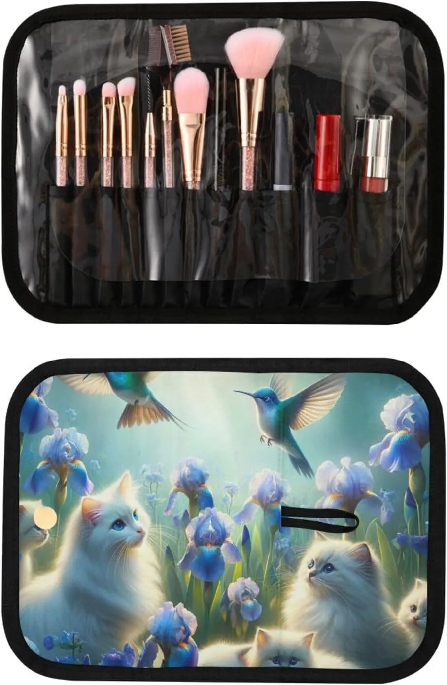 Hanging Toiletry with Bag Cosmetic Bag Cheerful Cat and Birds Toiletry with Brush Organizer Bag