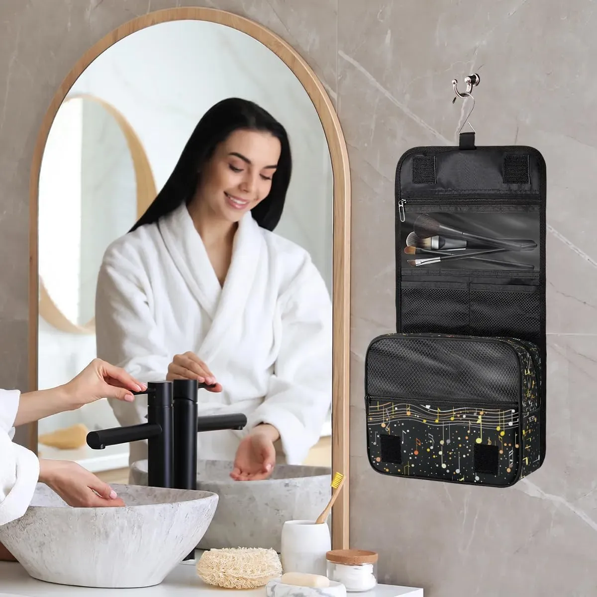 Hanging Travel Toiletry Bag Cheerful Music Notes Toiletry Bags with Hanging Hook Portable Cosmetic Bag Makeup Organizer for Travel Business Trip