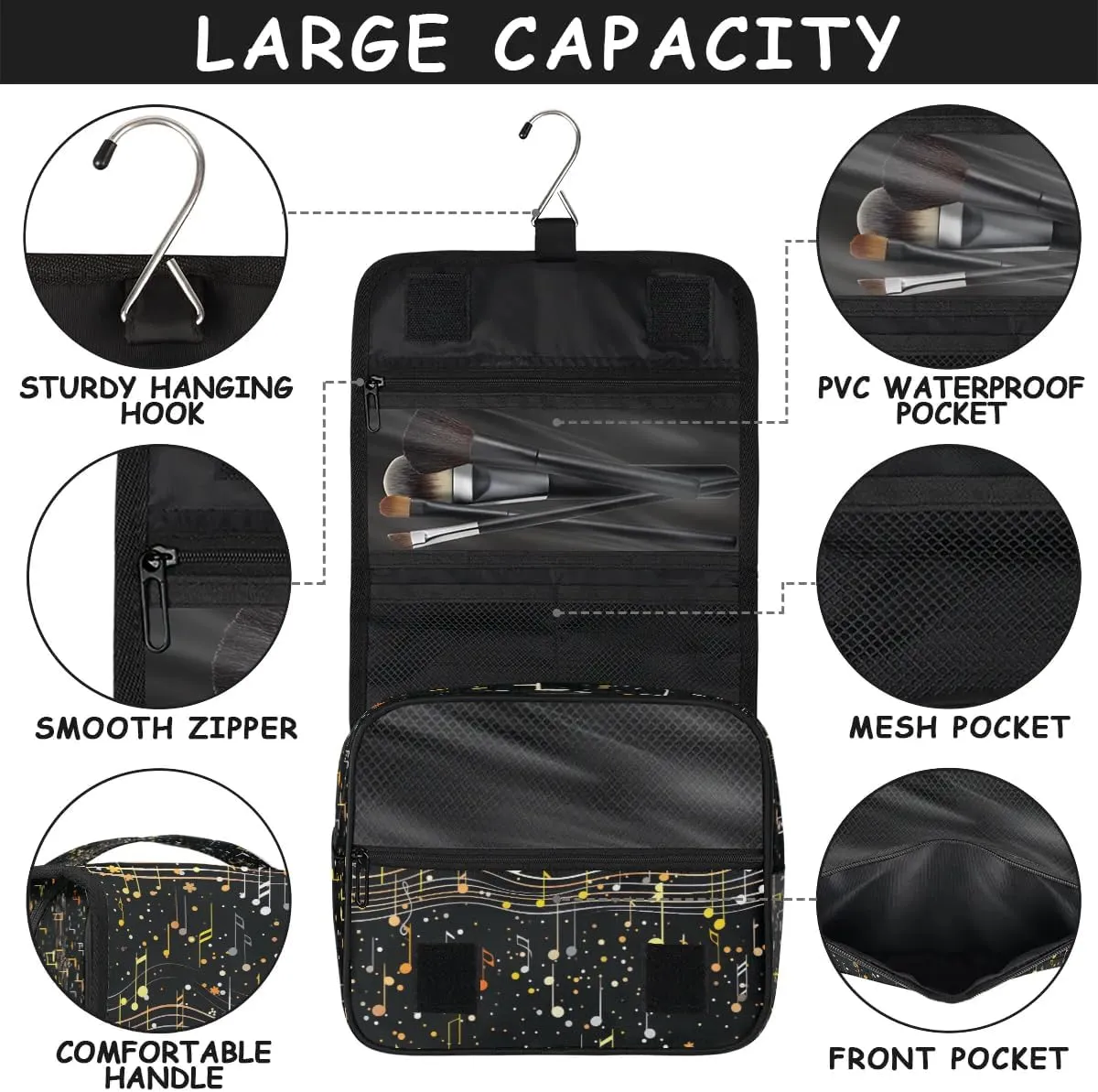 Hanging Travel Toiletry Bag Cheerful Music Notes Toiletry Bags with Hanging Hook Portable Cosmetic Bag Makeup Organizer for Travel Business Trip