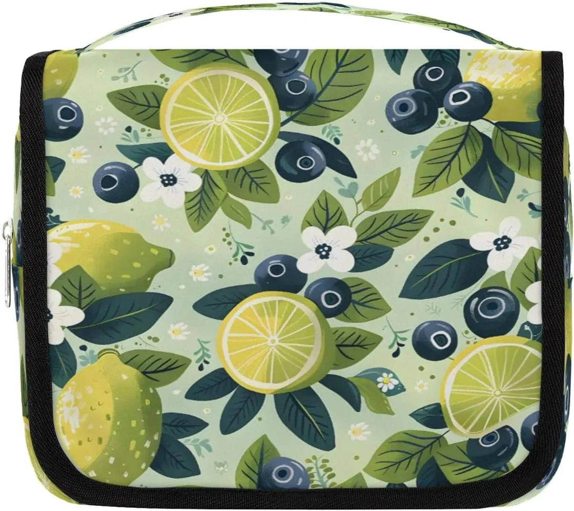 Hanging Travel Toiletry Bag Fresh Lemon Blueberry Toiletry Bags with Hanging Hook Portable Cosmetic Bag Makeup Organizer for Travel Business Trip
