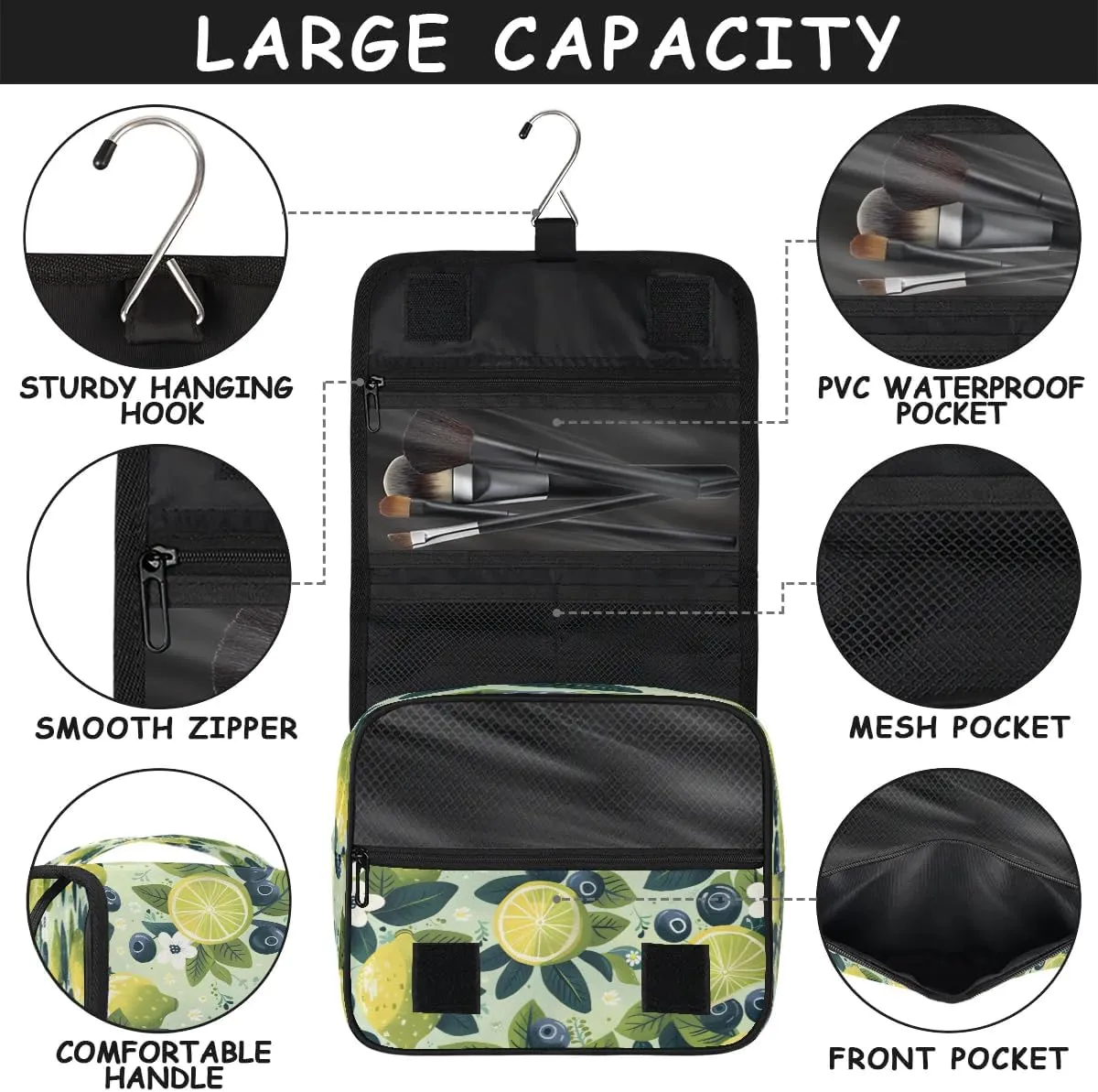 Hanging Travel Toiletry Bag Fresh Lemon Blueberry Toiletry Bags with Hanging Hook Portable Cosmetic Bag Makeup Organizer for Travel Business Trip