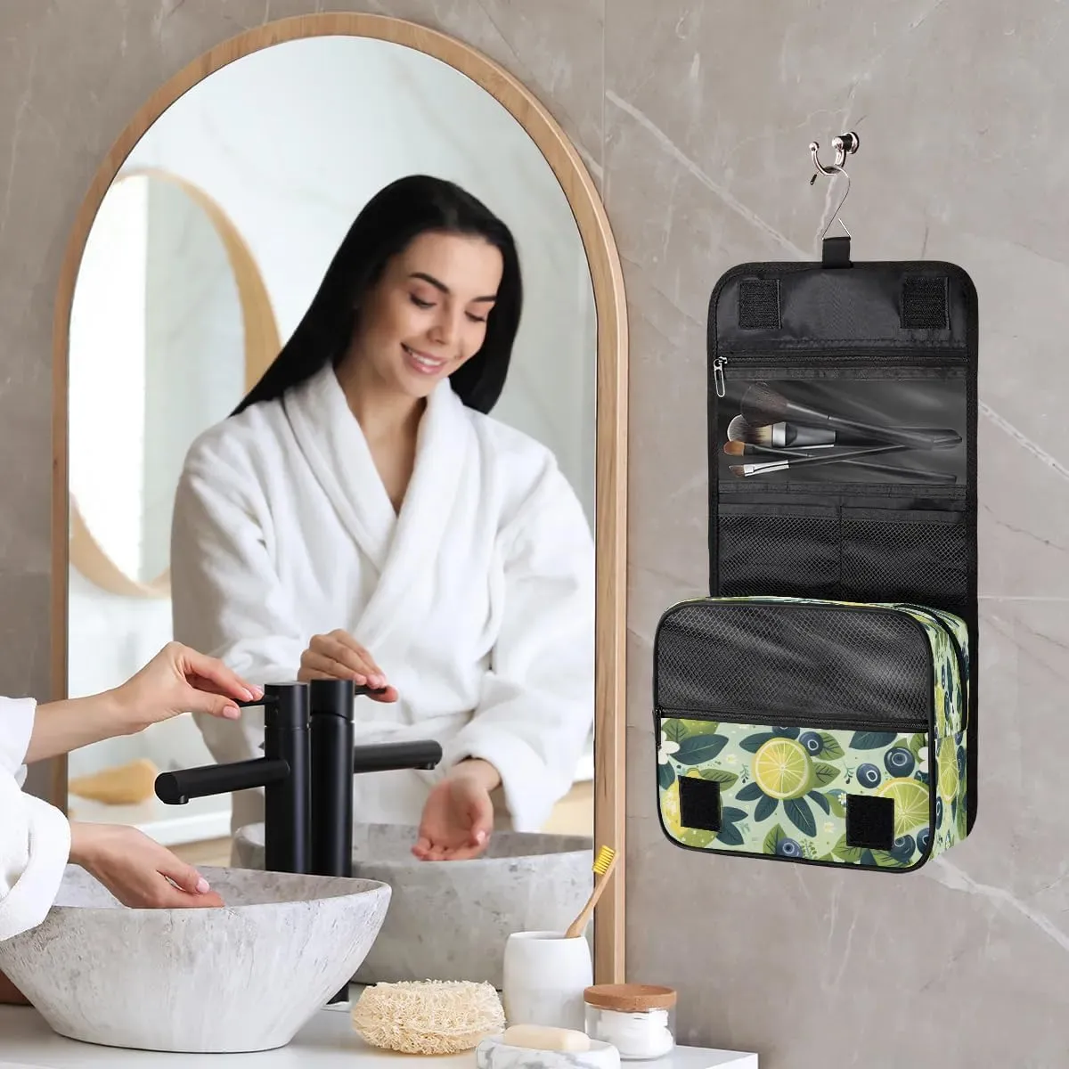 Hanging Travel Toiletry Bag Fresh Lemon Blueberry Toiletry Bags with Hanging Hook Portable Cosmetic Bag Makeup Organizer for Travel Business Trip