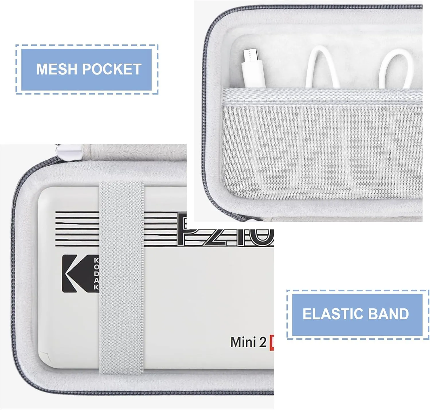 Hard Carrying Case for Kodak Mini 2 Retro 4PASS Portable Photo Printer (2.1x3.4 inches), Photo Printer Travel Bag Storage Holder with Mesh Pocket for USB Cable, Photo Paper, Grey