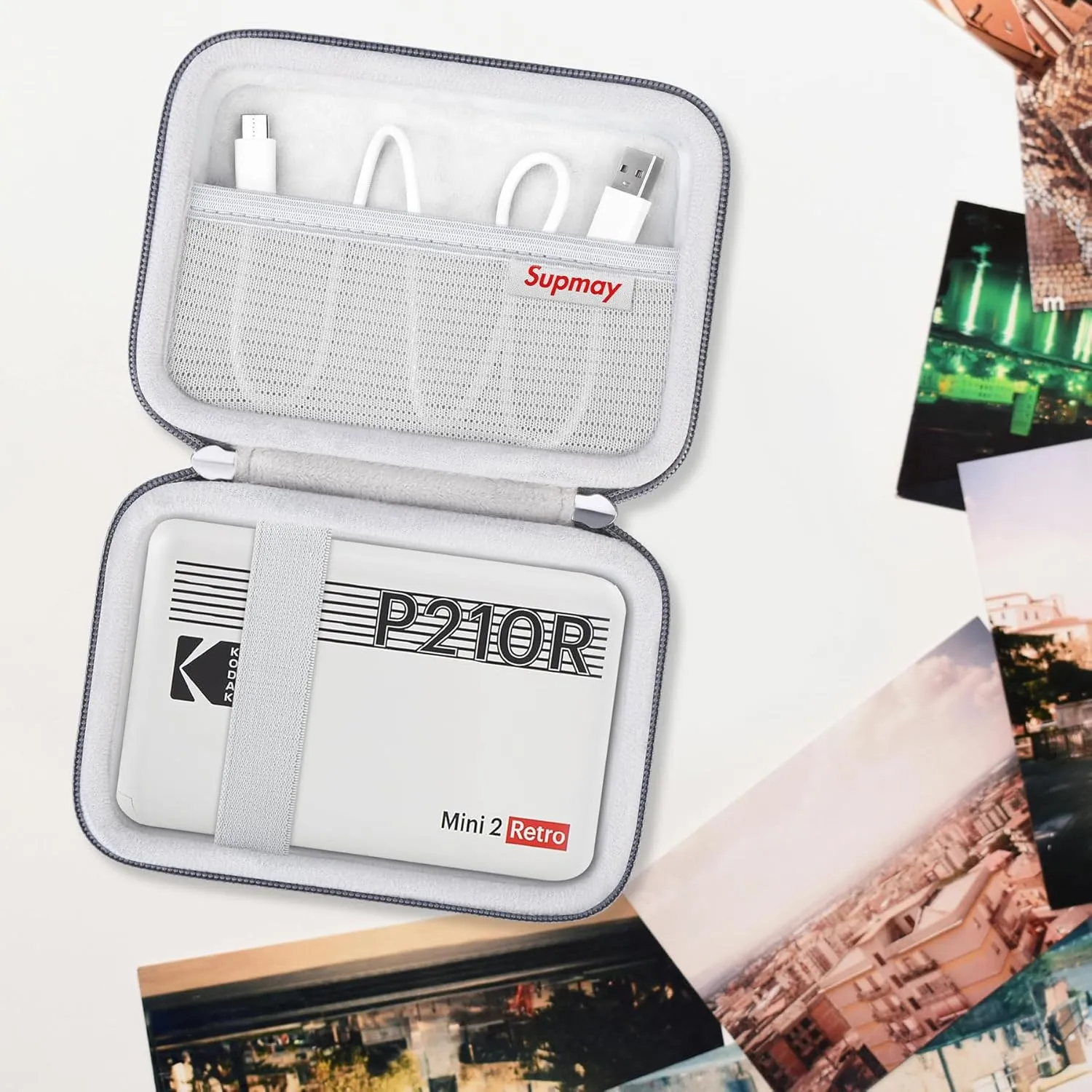 Hard Carrying Case for Kodak Mini 2 Retro 4PASS Portable Photo Printer (2.1x3.4 inches), Photo Printer Travel Bag Storage Holder with Mesh Pocket for USB Cable, Photo Paper, Grey