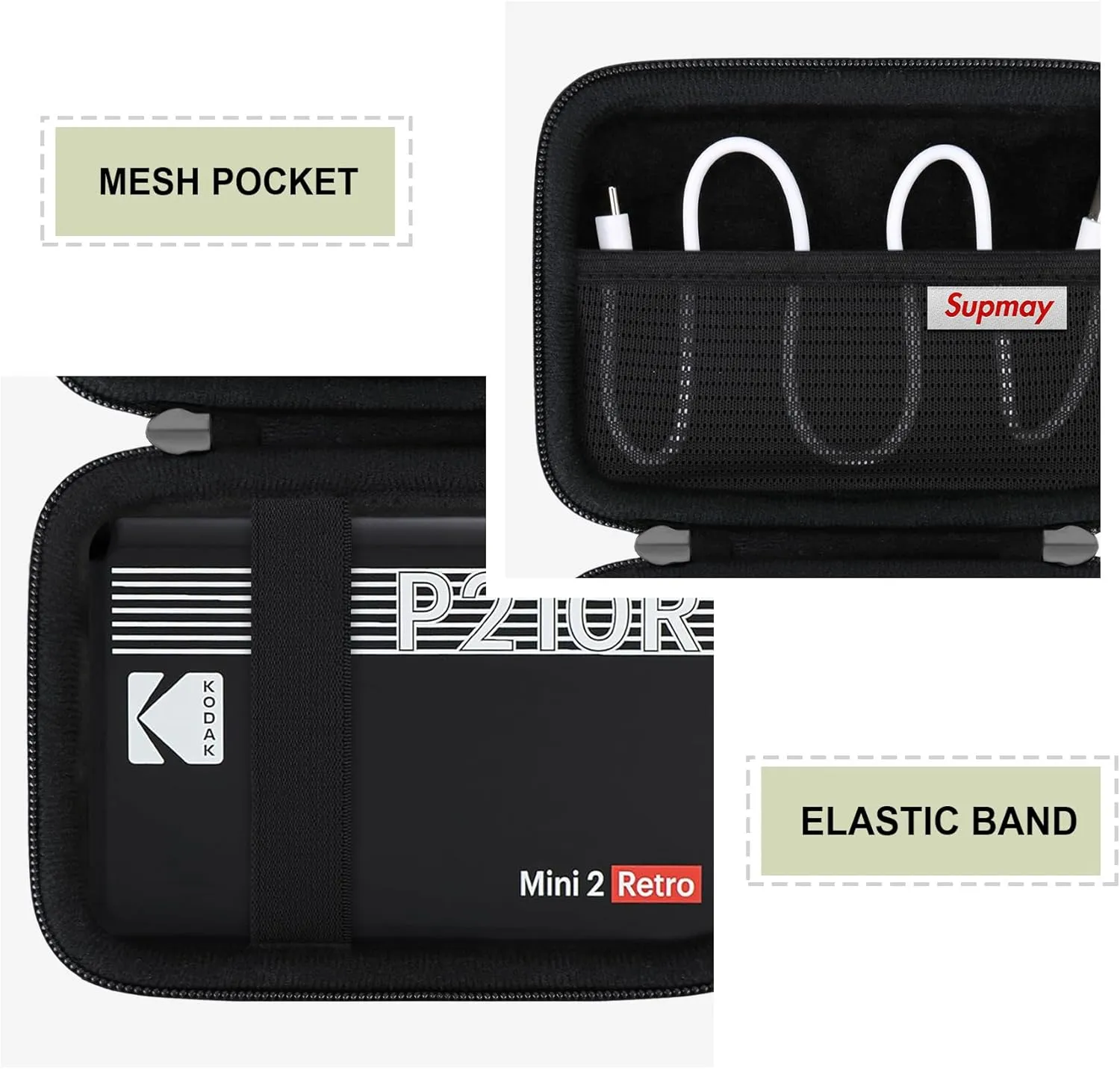 Hard Carrying Case for KODAK Mini 2 Retro 4PASS Portable Photo Printer, Instant Printer Travel Storage Holder with Mesh Pocket for USB Cable and Other Accessories, Black