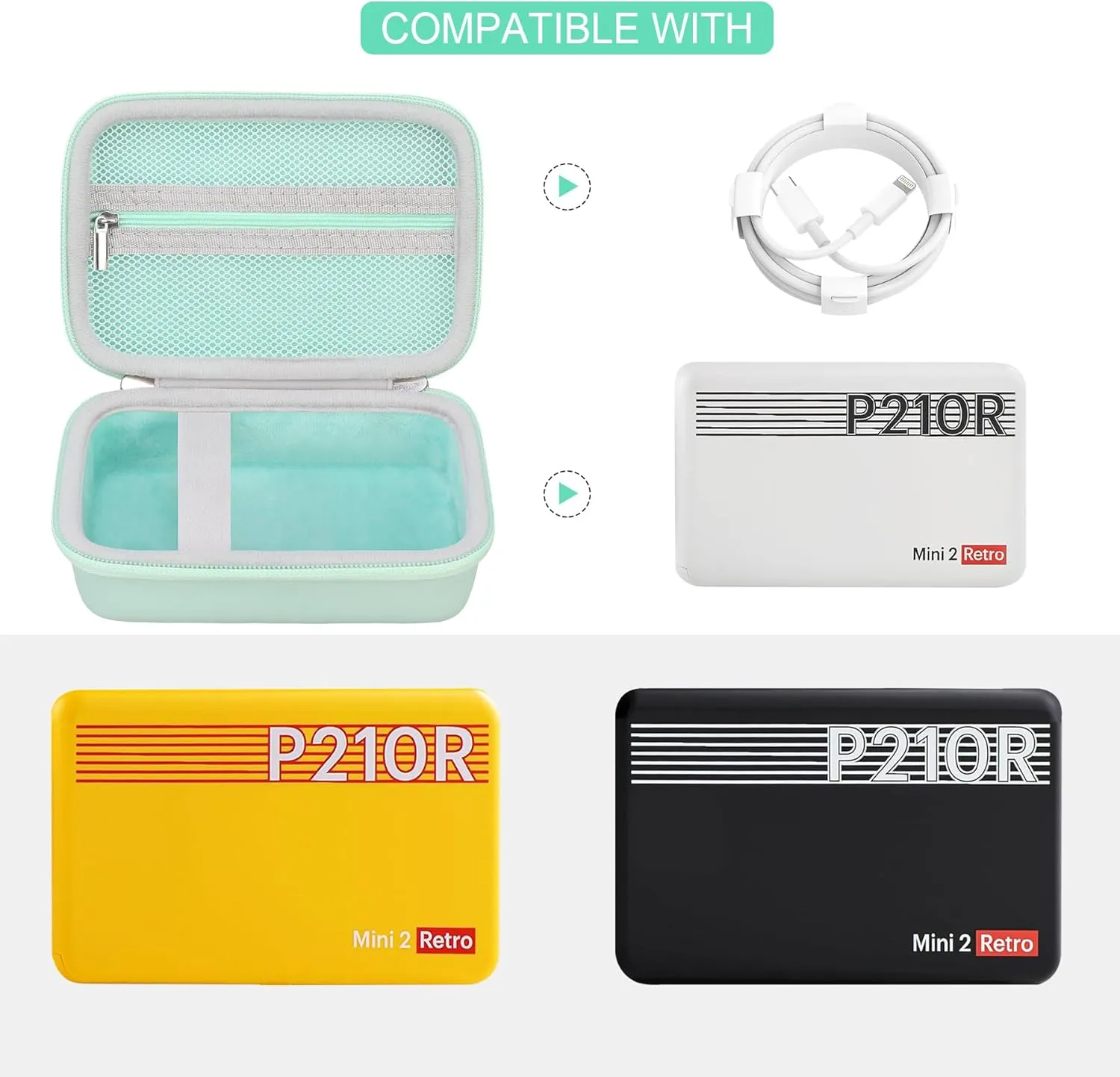 Hard Carrying Case for KODAK Mini 2 Retro 4PASS Portable Photo Printer, Instant Printer Travel Storage Holder with Zipper Mesh Pocket for USB Cable and Other Accessories, Green
