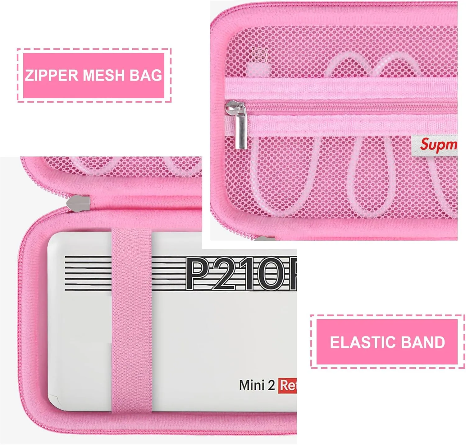 Hard Carrying Case for KODAK Mini 2 Retro 4PASS Portable Photo Printer, Instant Printer Travel Storage Holder with Zipper Mesh Pocket for USB Cable and Other Accessories, Pink
