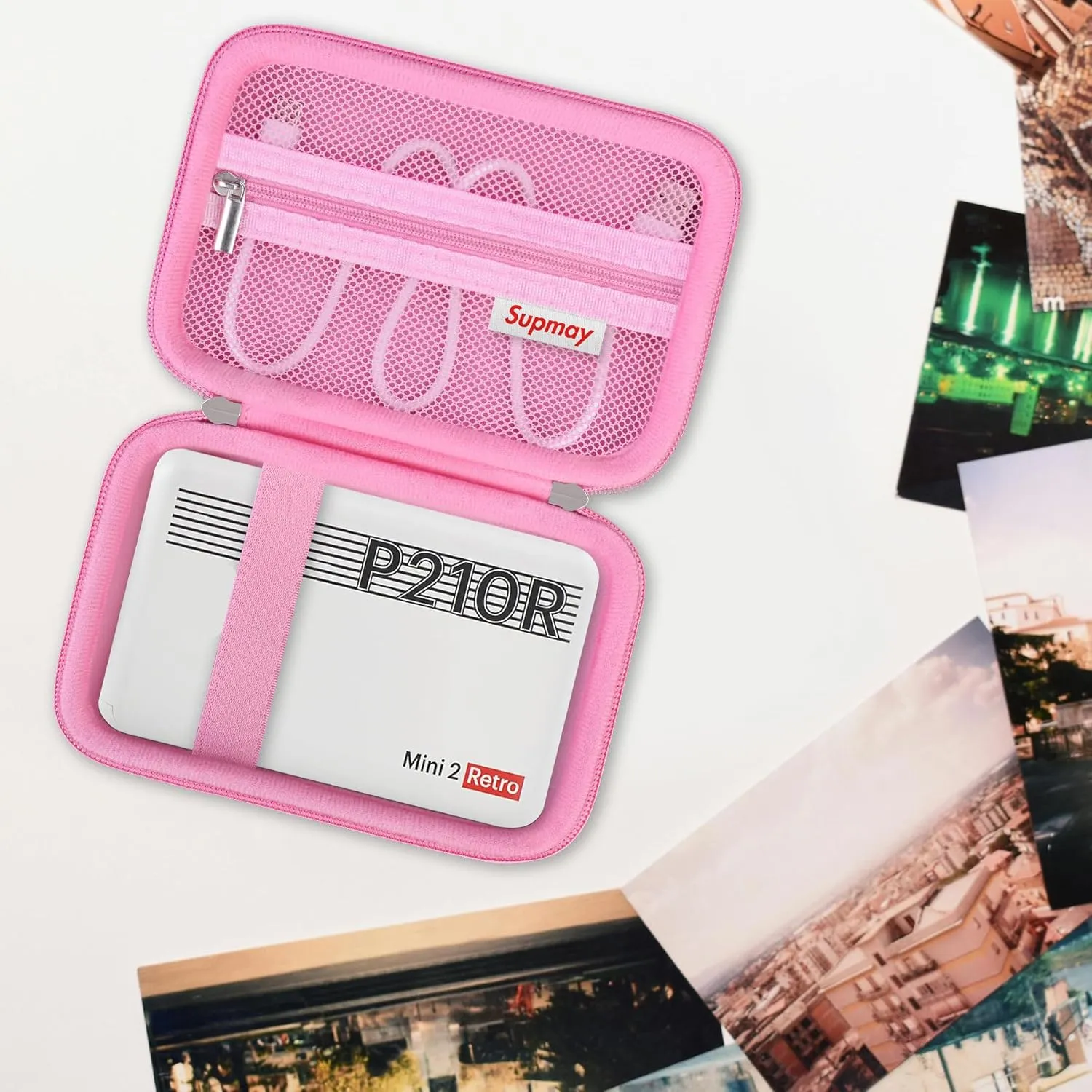 Hard Carrying Case for KODAK Mini 2 Retro 4PASS Portable Photo Printer, Instant Printer Travel Storage Holder with Zipper Mesh Pocket for USB Cable and Other Accessories, Pink