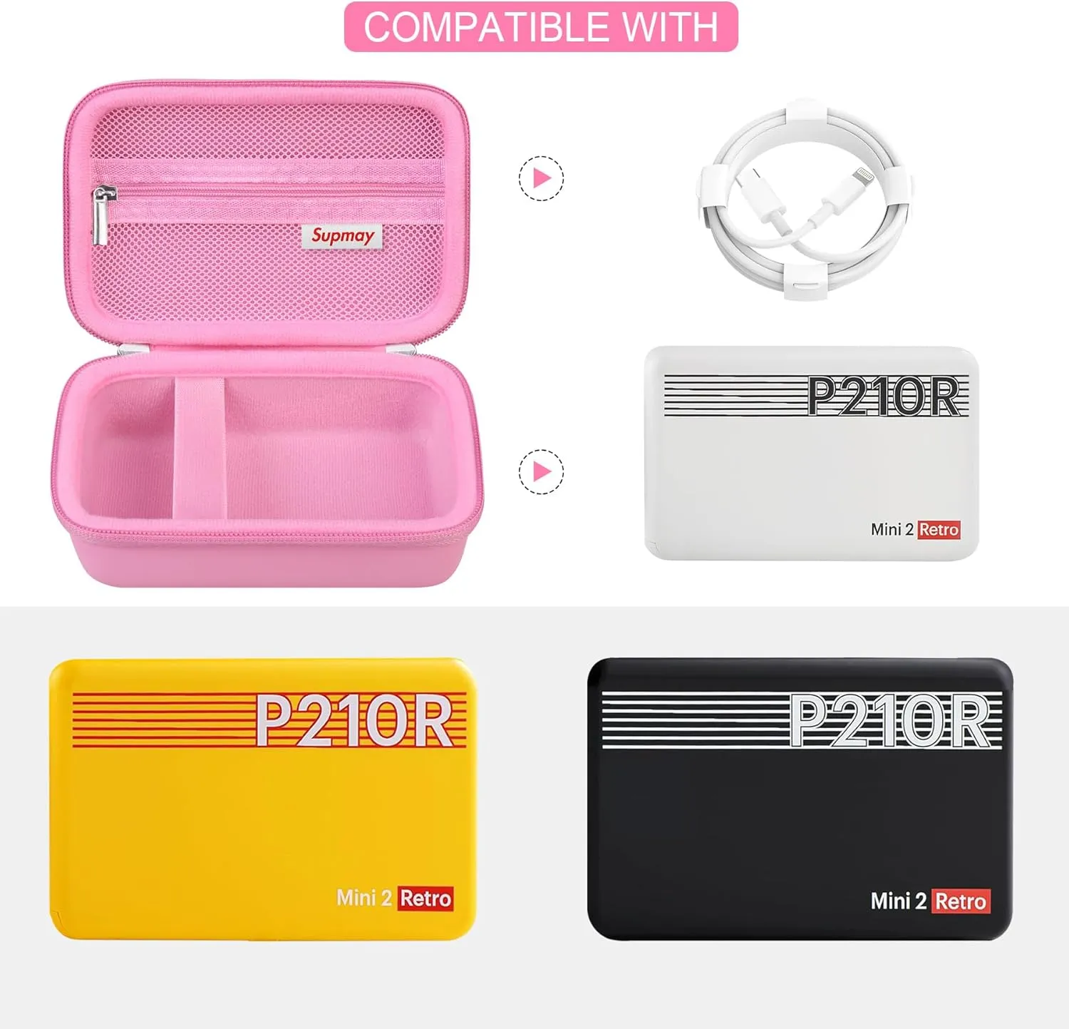 Hard Carrying Case for KODAK Mini 2 Retro 4PASS Portable Photo Printer, Instant Printer Travel Storage Holder with Zipper Mesh Pocket for USB Cable and Other Accessories, Pink