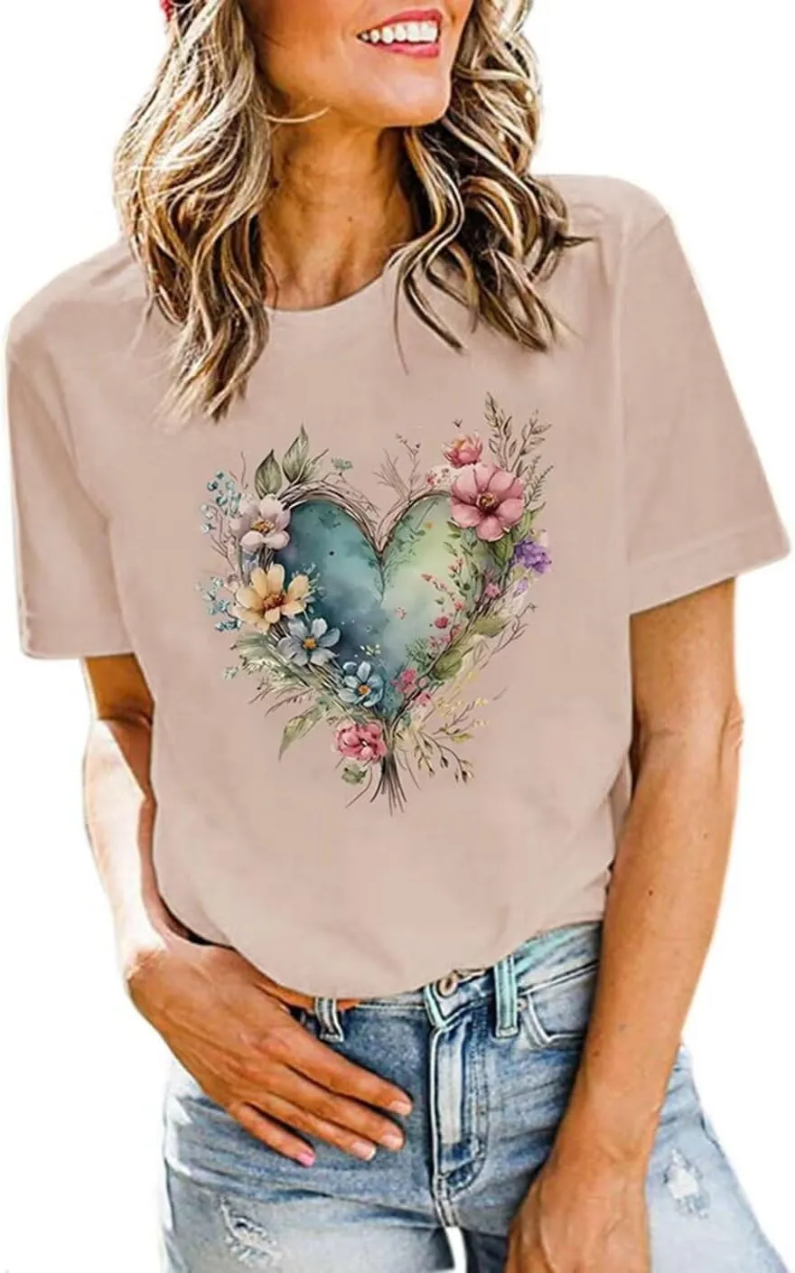 Heart Shaped Floral T Shirt for Women Boho Floral Wildflowers Graphic Tee Casual Round Neck Short Sleeve Shirt Tops