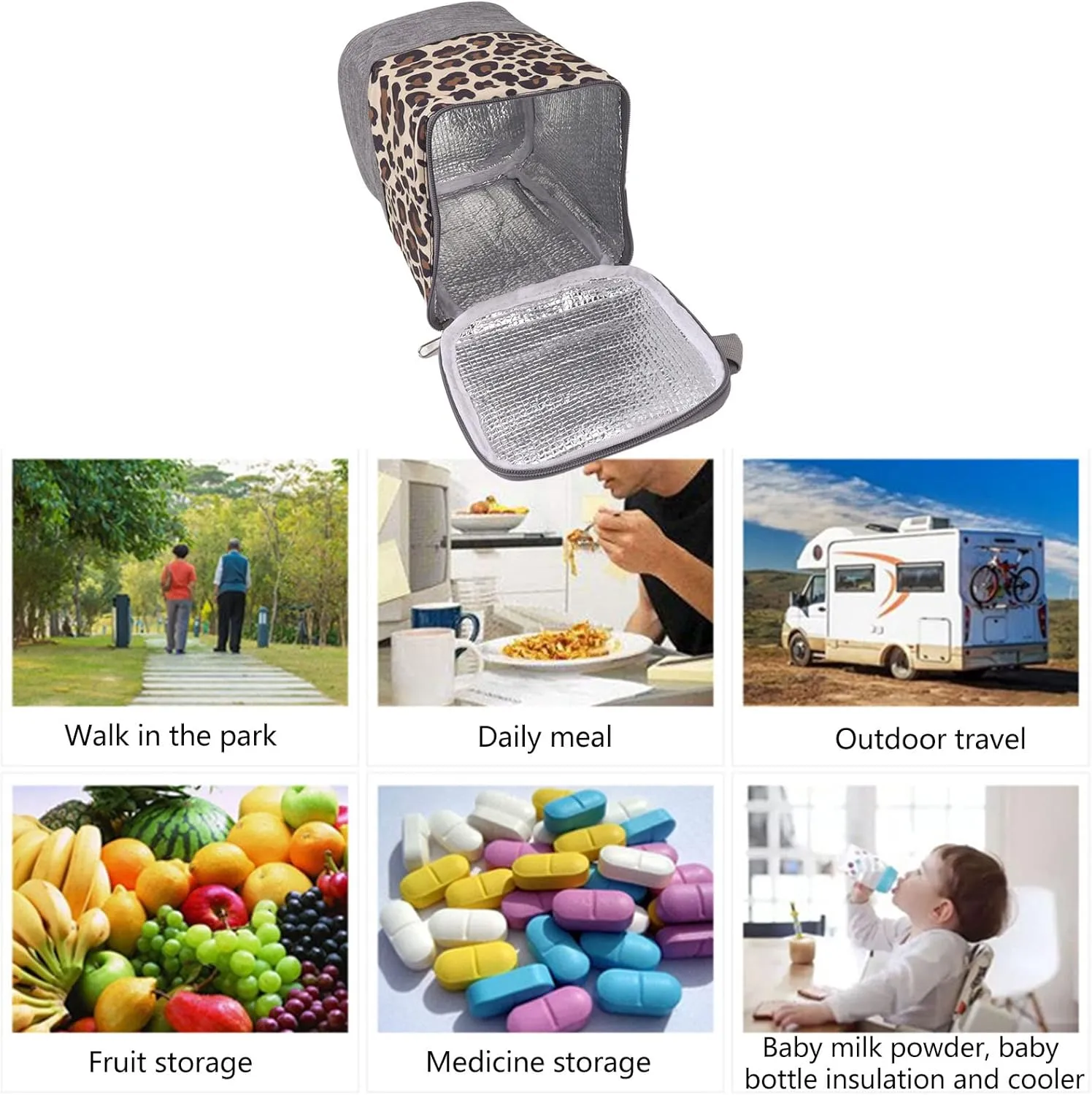 Insulated Portable Baby Bottle Bag Breastmilk Warmer Cooler 3L With Handle Travel (Leopard print)