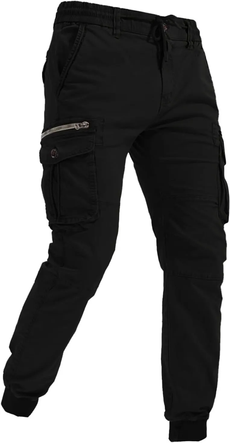 Jogger Cargo Pants Men Elastic Waist Work Pants Casual Plain Tapered Trousers Outdoor Sports Pants with Button Pocket