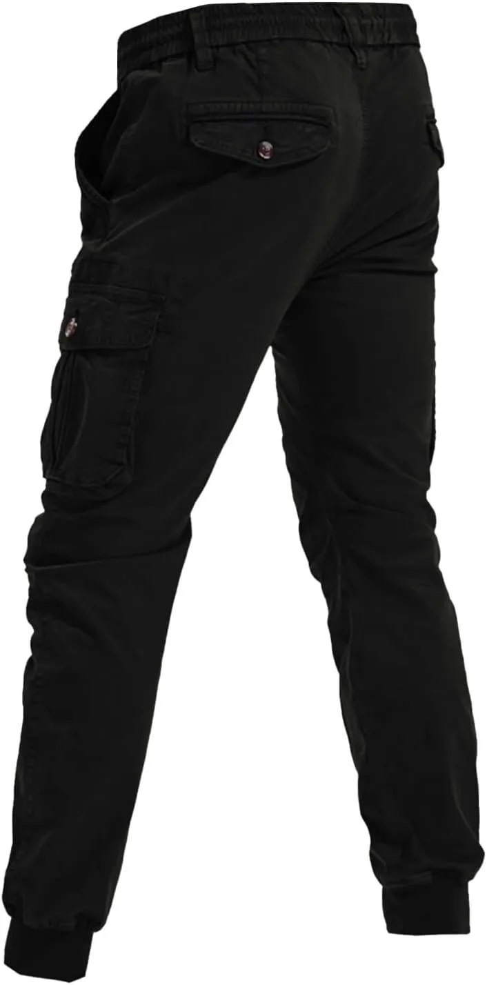 Jogger Cargo Pants Men Elastic Waist Work Pants Casual Plain Tapered Trousers Outdoor Sports Pants with Button Pocket