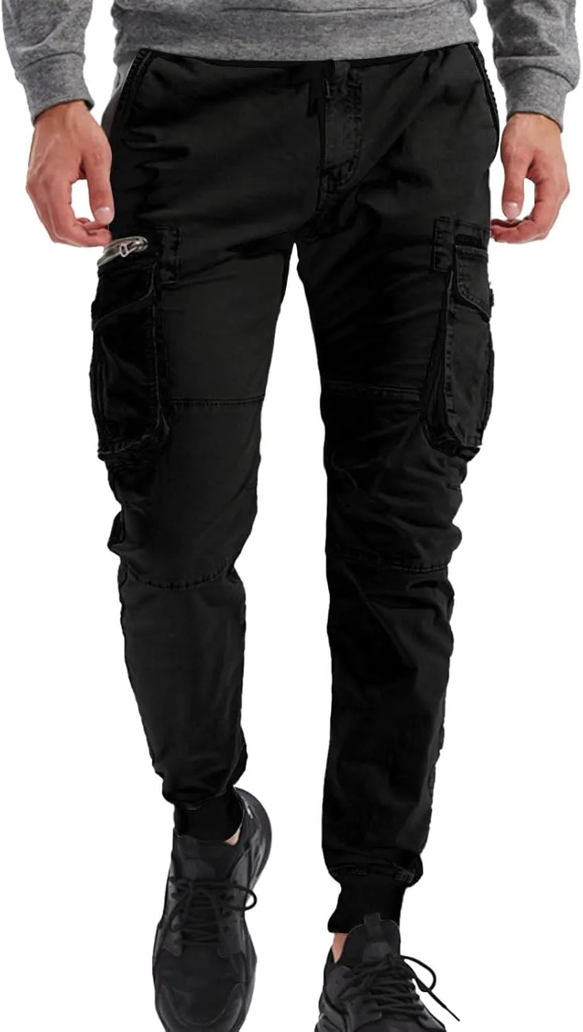 Jogger Cargo Pants Men Elastic Waist Work Pants Casual Plain Tapered Trousers Outdoor Sports Pants with Button Pocket