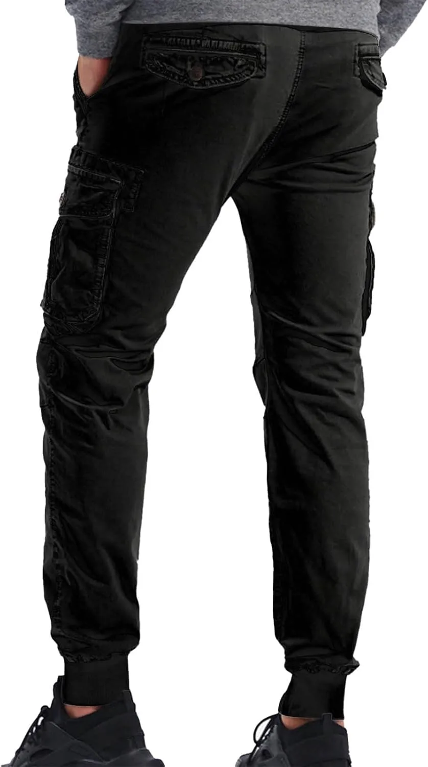 Jogger Cargo Pants Men Elastic Waist Work Pants Casual Plain Tapered Trousers Outdoor Sports Pants with Button Pocket