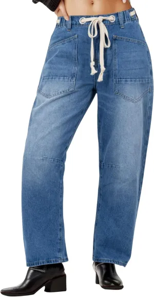 Kedera Barrel Jeans for Women Mid Rise Camo Pants Wide Leg Graphic Trousers Baggy Boyfriend Denim Pants with Pockets