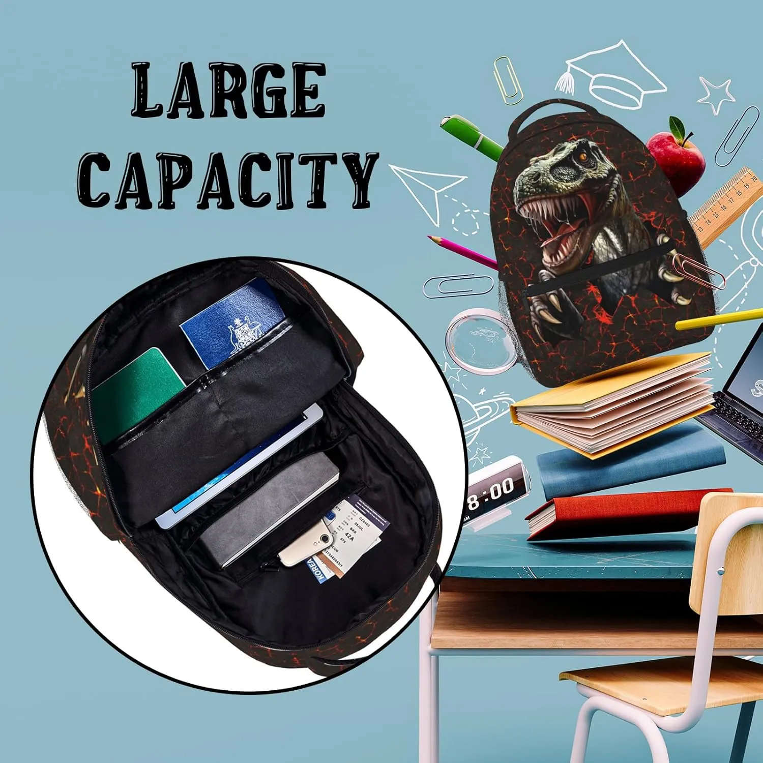 Kids Dinosaur Backpack 3D T-Rex Graphic School Bag for Boys Girls Cool Volcanic Cracked Print Bookbag Lightweight Trendy Animal Backpack Travel Laptop Daypack