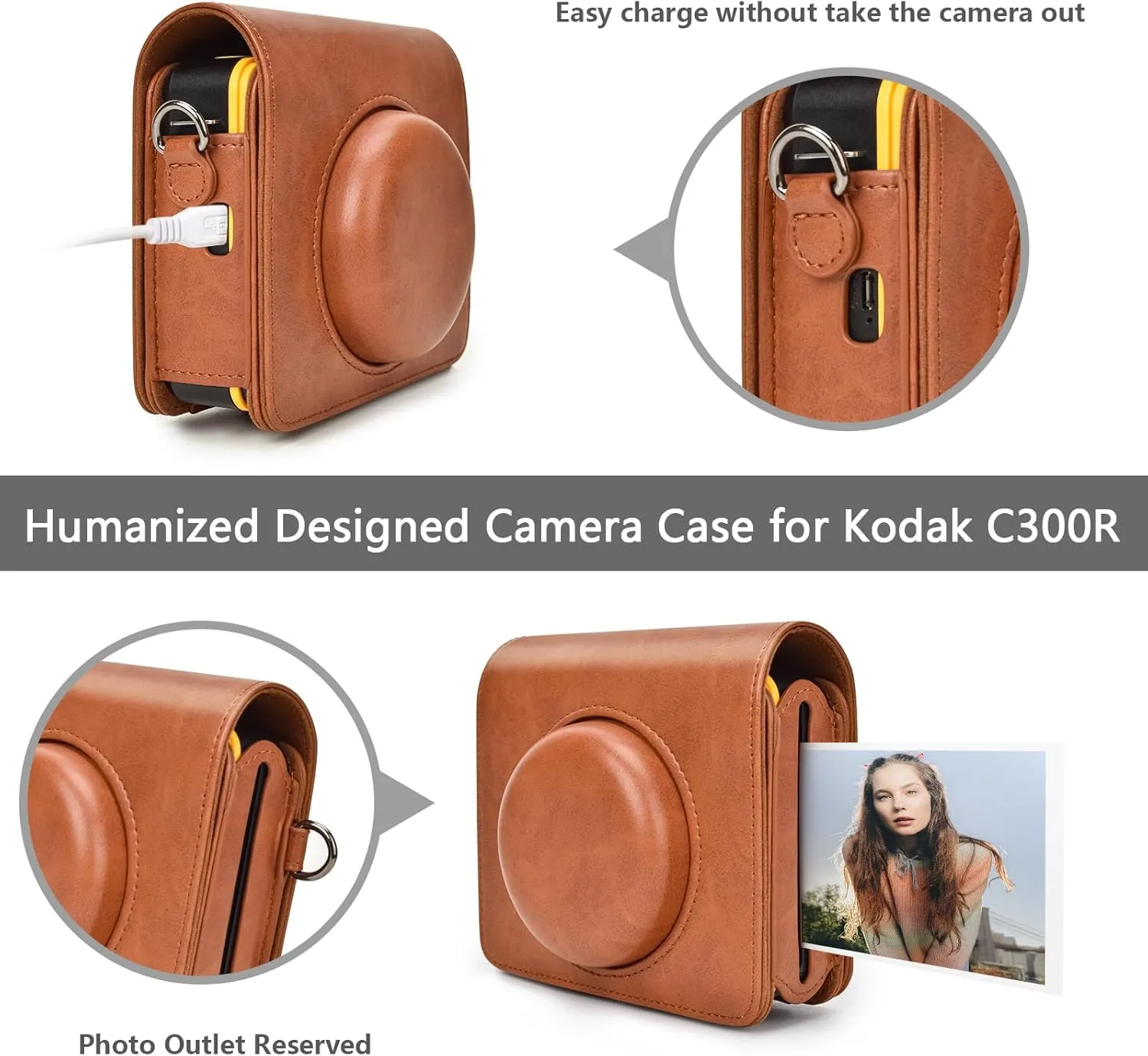 Kodak C300R Case, Protective Leather Case for Kodak Mini Shot 3 Retro, Kodak C300R Camera Case with Charging Interface - Brown