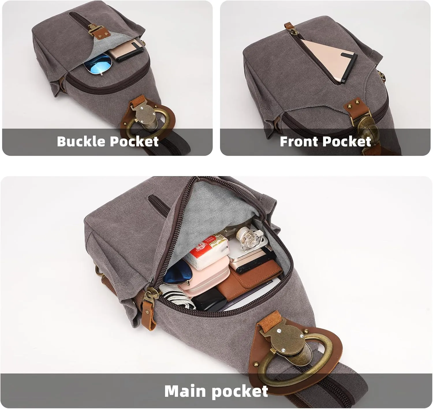 KouLi Buir Canvas Sling bag,Small Crossbody Backpack,Convertible Chest Bag Casual Daypack For Outdoor Cycling Hiking Travel (B3610-D.Grey-N)