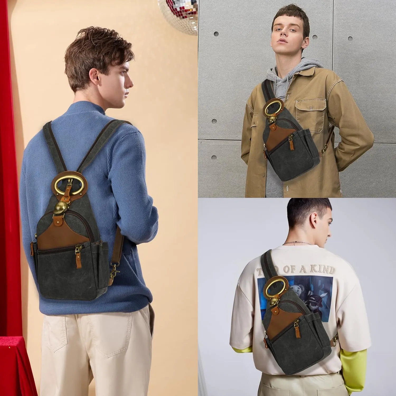 KouLi Buir Canvas Sling bag,Small Crossbody Backpack,Convertible Chest Bag Casual Daypack For Outdoor Cycling Hiking Travel (B3611-Black-N)
