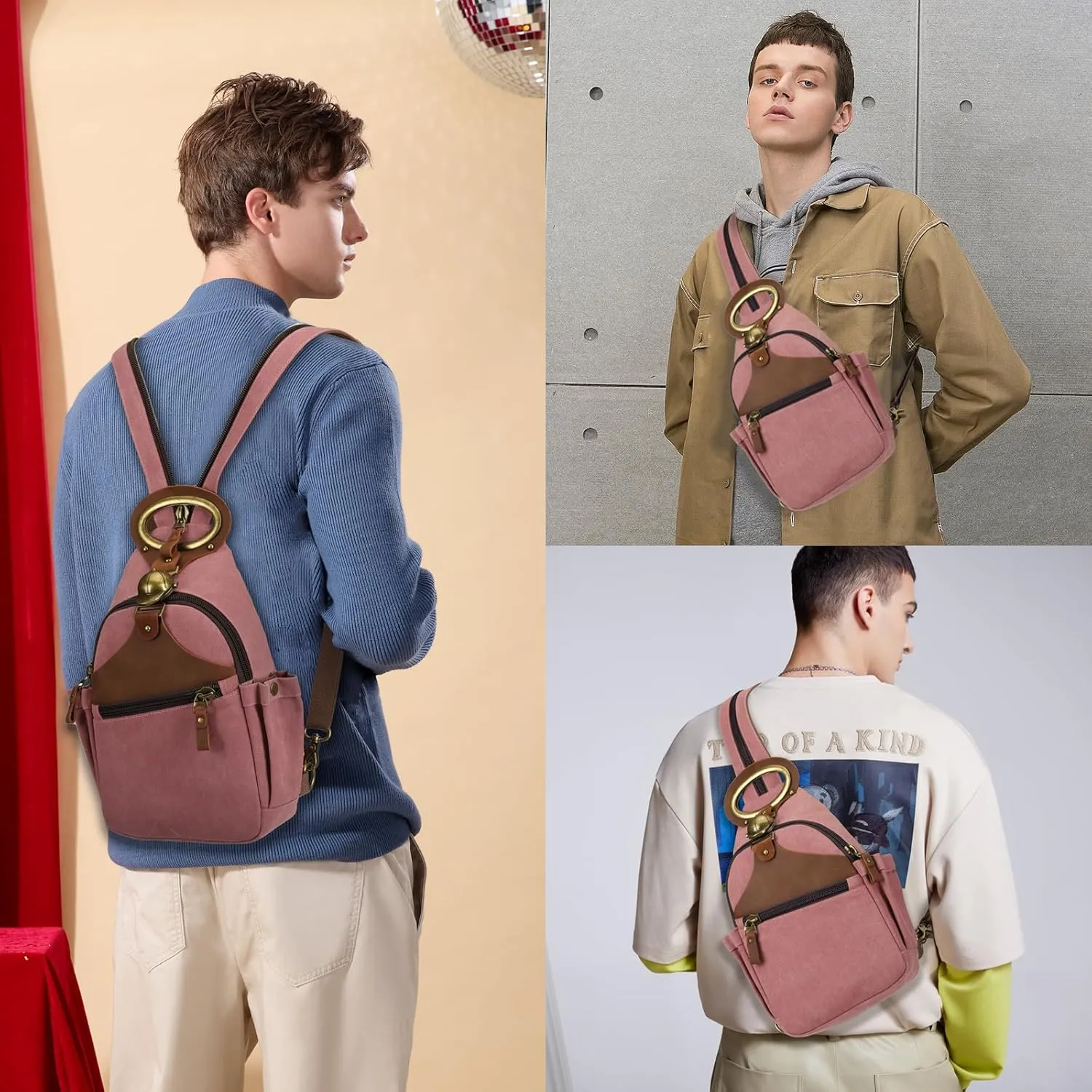 KouLi Buir Canvas Sling bag,Small Crossbody Backpack,Convertible Chest Bag Casual Daypack For Outdoor Cycling Hiking Travel (B3611-Rust Red-N)