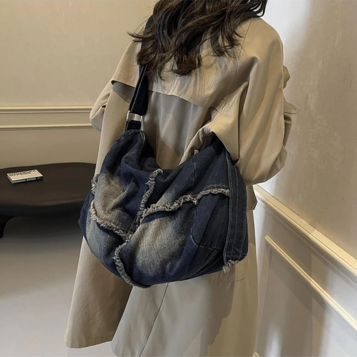 Large Denim Shoulder Bag for Women Trendy, Aesthetic Jean Bucket Pocketbook