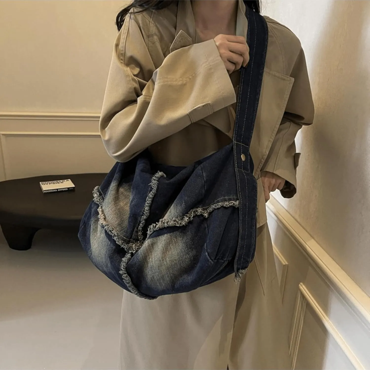 Large Denim Shoulder Bag for Women Trendy, Aesthetic Jean Bucket Pocketbook