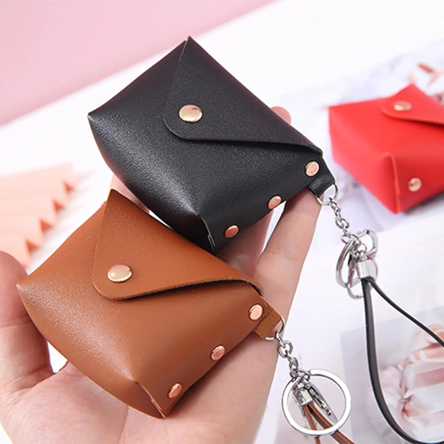 Leather Change Purse for Women Pouches Convenient Keychain Wristlet Card Holder Small Coin Bag PU Wallet