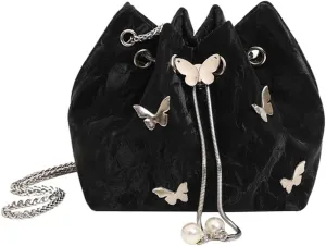 Leather Drawstring Bucket Bag, Metal Small Butterfly Chain Women's Crossbody Bag Shoulder Bag
