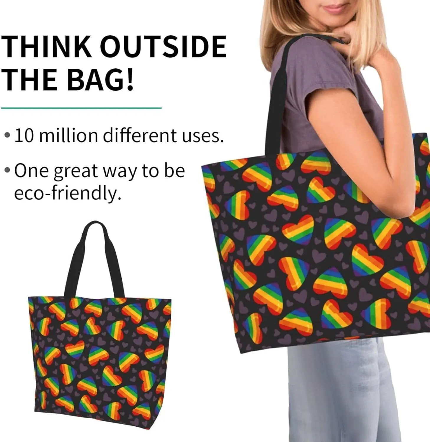 Lgbt Pride Tote Bag For Women Men, Large Beach Travel Reusable Grocery Shopping Bag Rainbow LGBT Pride Shoulder Bag