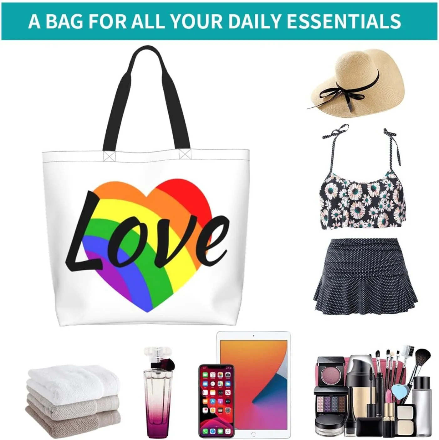 Lgbt Pride Tote Bag For Women Men, Large Beach Travel Reusable Grocery Shopping Bag Rainbow LGBT Pride Shoulder Bag
