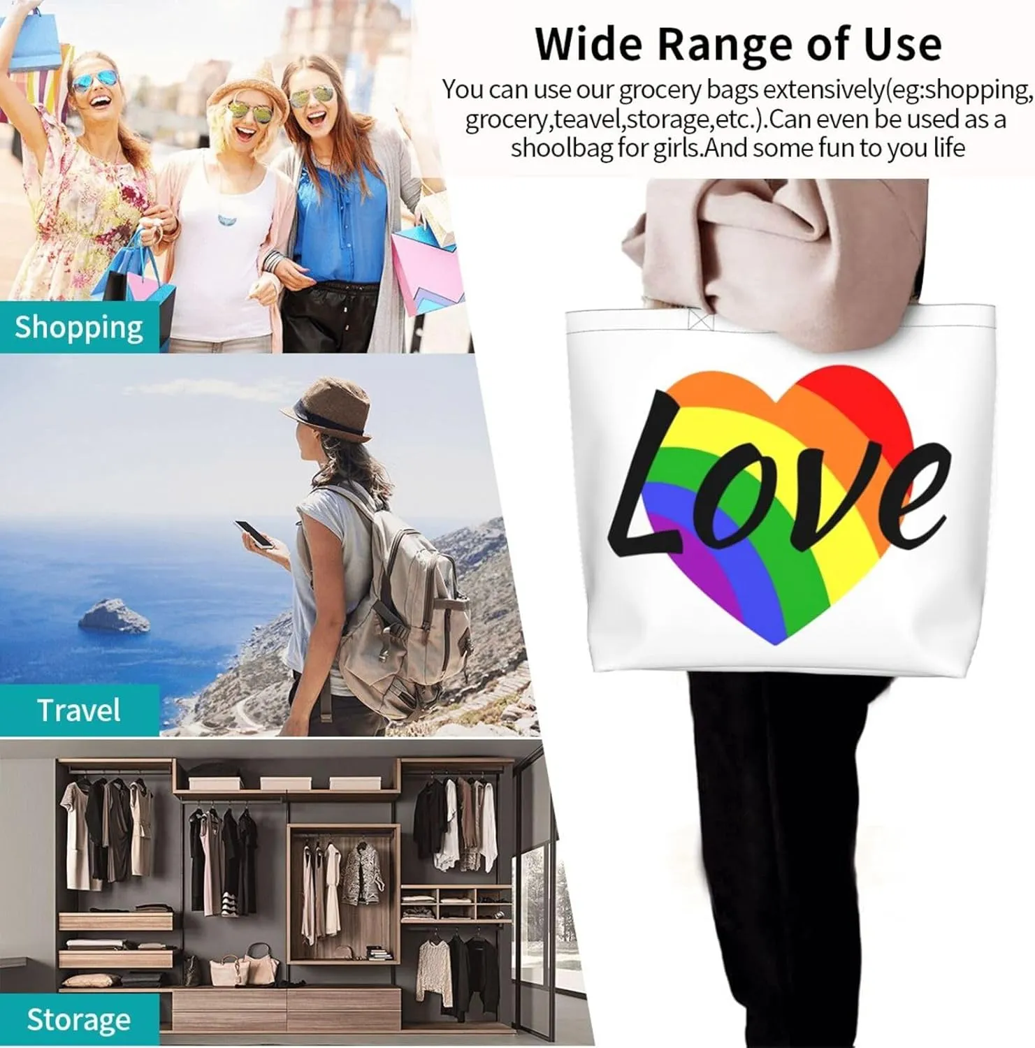 Lgbt Pride Tote Bag For Women Men, Large Beach Travel Reusable Grocery Shopping Bag Rainbow LGBT Pride Shoulder Bag