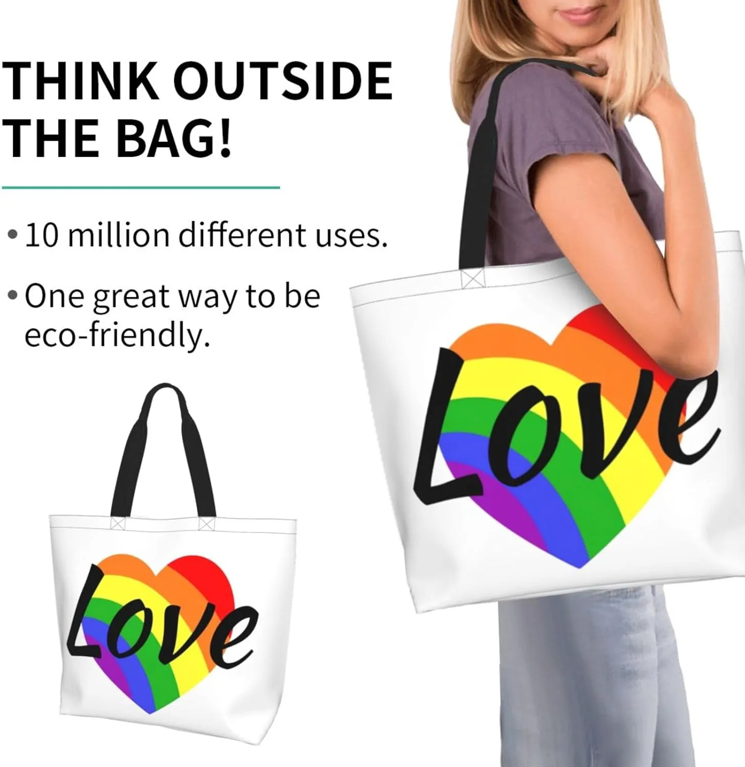 Lgbt Pride Tote Bag For Women Men, Large Beach Travel Reusable Grocery Shopping Bag Rainbow LGBT Pride Shoulder Bag