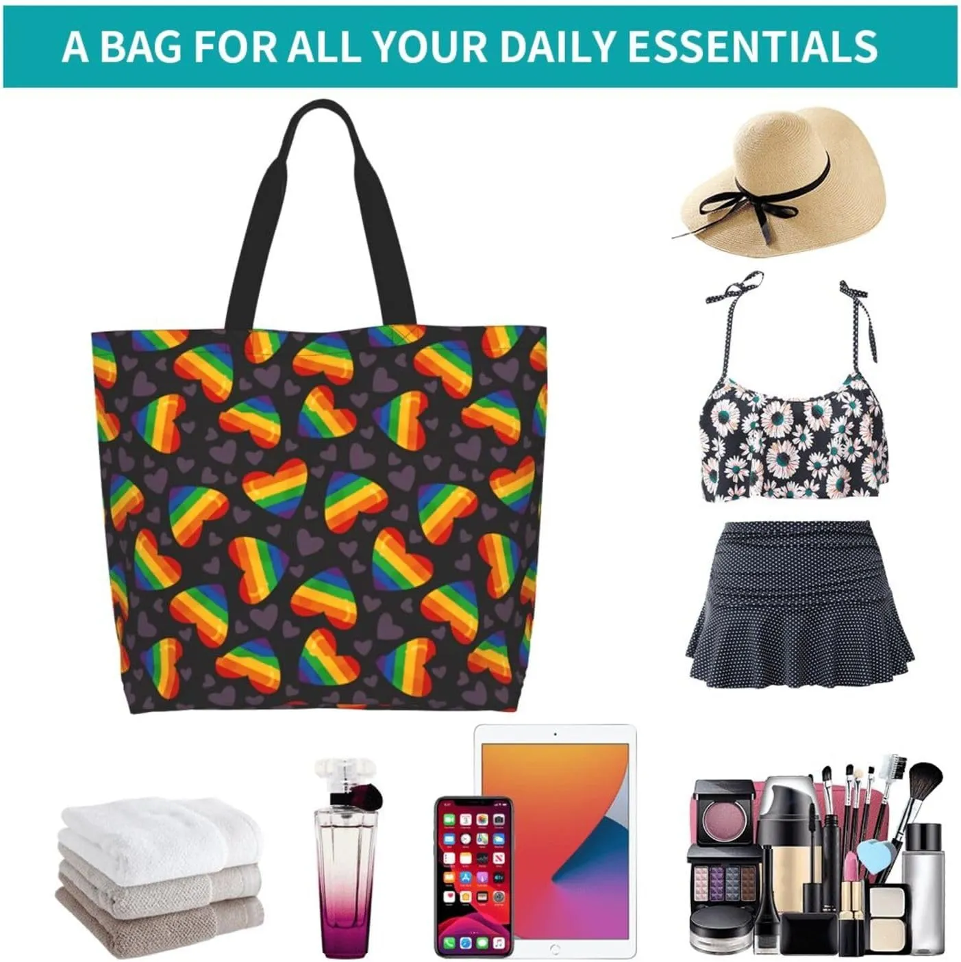 Lgbt Pride Tote Bag For Women Men, Large Beach Travel Reusable Grocery Shopping Bag Rainbow LGBT Pride Shoulder Bag