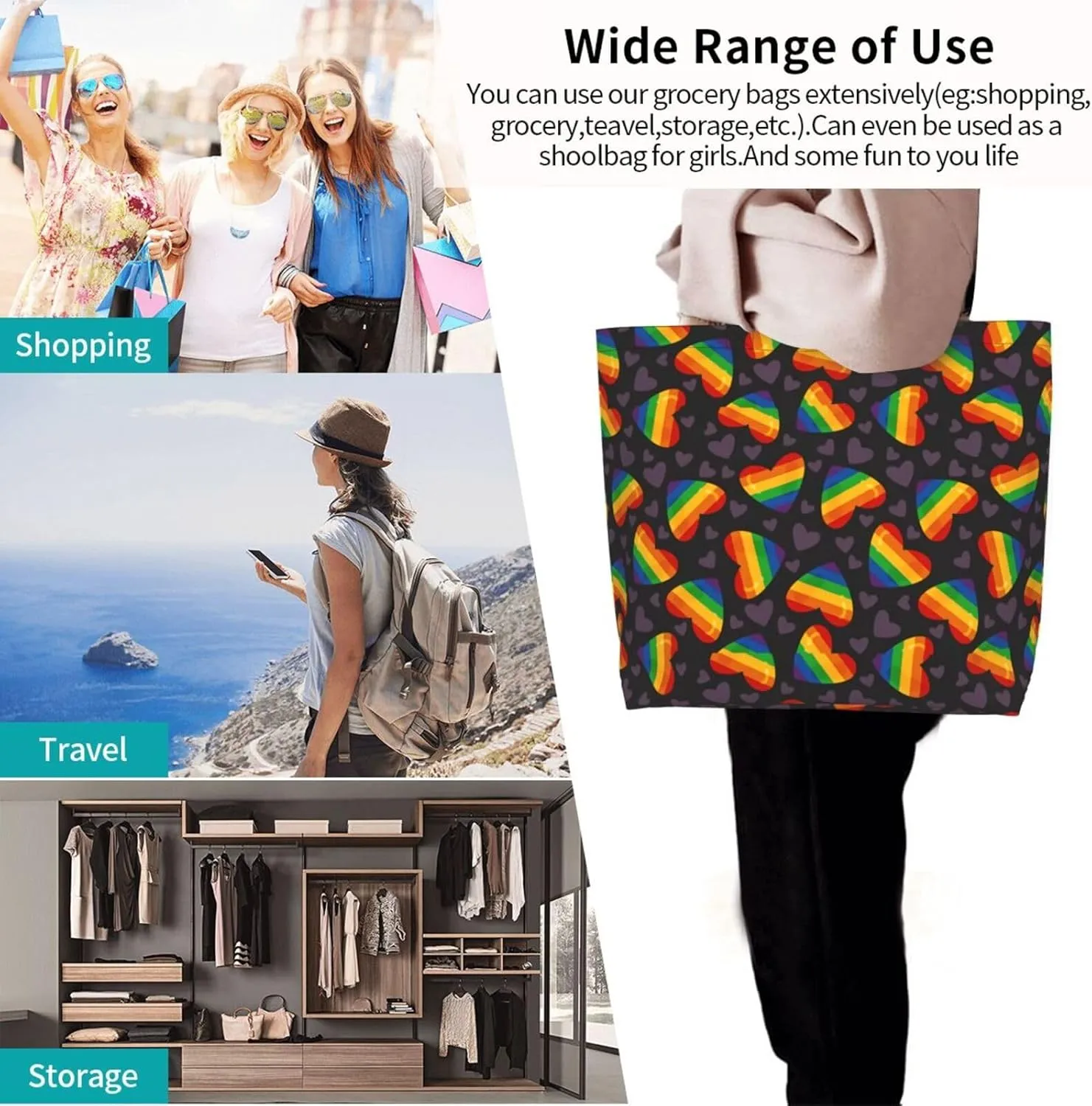 Lgbt Pride Tote Bag For Women Men, Large Beach Travel Reusable Grocery Shopping Bag Rainbow LGBT Pride Shoulder Bag