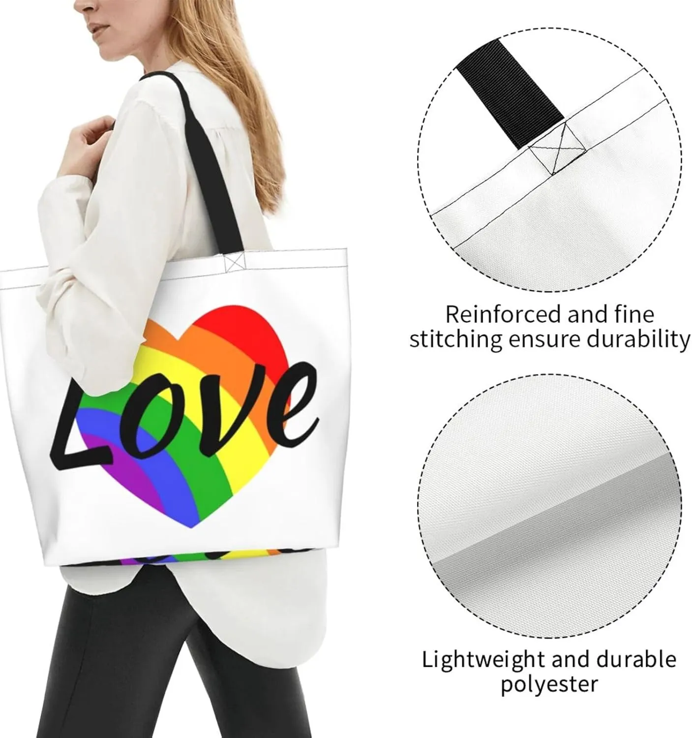 Lgbt Pride Tote Bag For Women Men, Large Beach Travel Reusable Grocery Shopping Bag Rainbow LGBT Pride Shoulder Bag