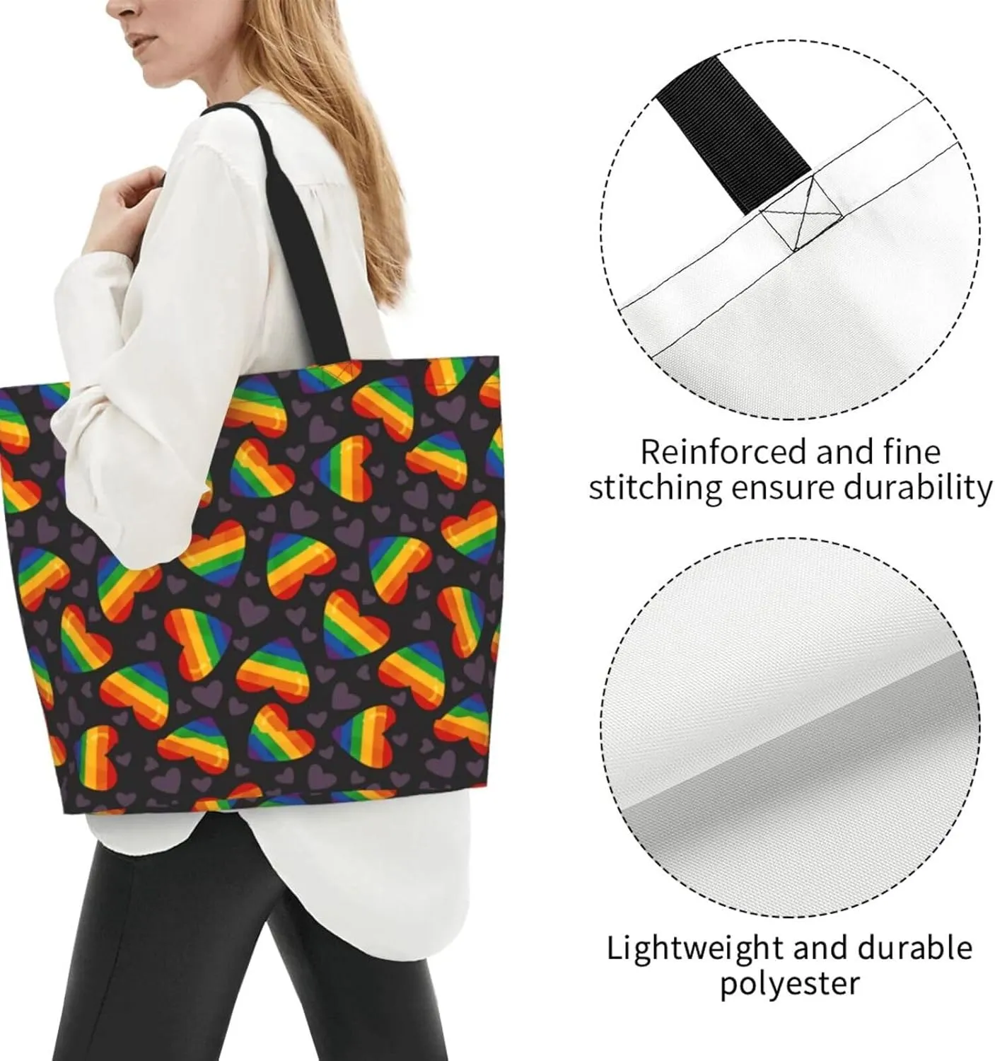 Lgbt Pride Tote Bag For Women Men, Large Beach Travel Reusable Grocery Shopping Bag Rainbow LGBT Pride Shoulder Bag