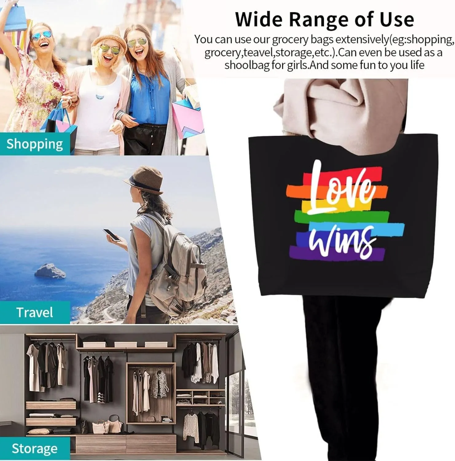 Lgbt Rainbow Hearts Tote Bag For Women MenLGBT Pride Shoulder Bag Rainbow Handbag For Shopping, Work, Travel