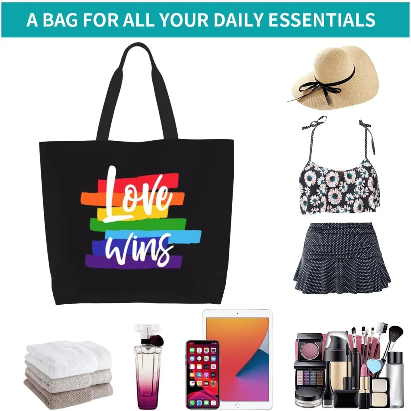 Lgbt Rainbow Hearts Tote Bag For Women MenLGBT Pride Shoulder Bag Rainbow Handbag For Shopping, Work, Travel