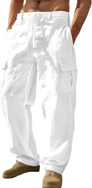 Linen Pants for Men Summer Wide Leg Yoga Trousers Drawstring Stretch Beach Pants Lightweight Baggy Travel Trousers